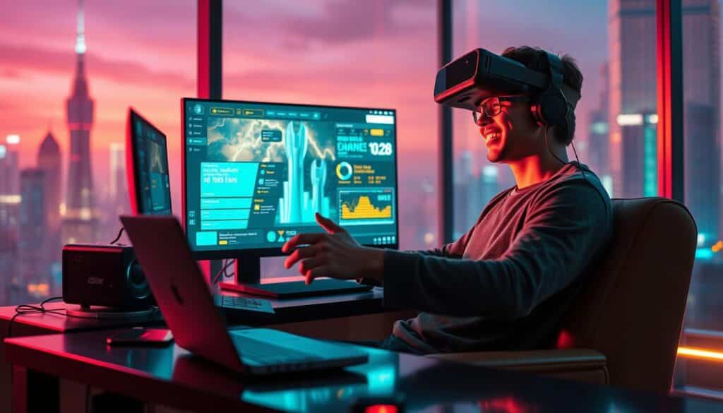 A sleek, modern online gaming experience, with a virtual reality-inspired interface. A user sits comfortably at a desk, immersed in a digital world of vibrant colors and intuitive controls. Ambient lighting casts a warm glow, creating a cozy, inviting atmosphere. The user's facial expression conveys a sense of engagement and excitement, as they navigate seamlessly through the platform's features. In the background, a cityscape of towering skyscrapers and neon-lit skylines hints at the interconnected, futuristic nature of the online entertainment ecosystem. The overall scene evokes a sense of technological sophistication, personalized user experience, and the endless possibilities of the digital age.
