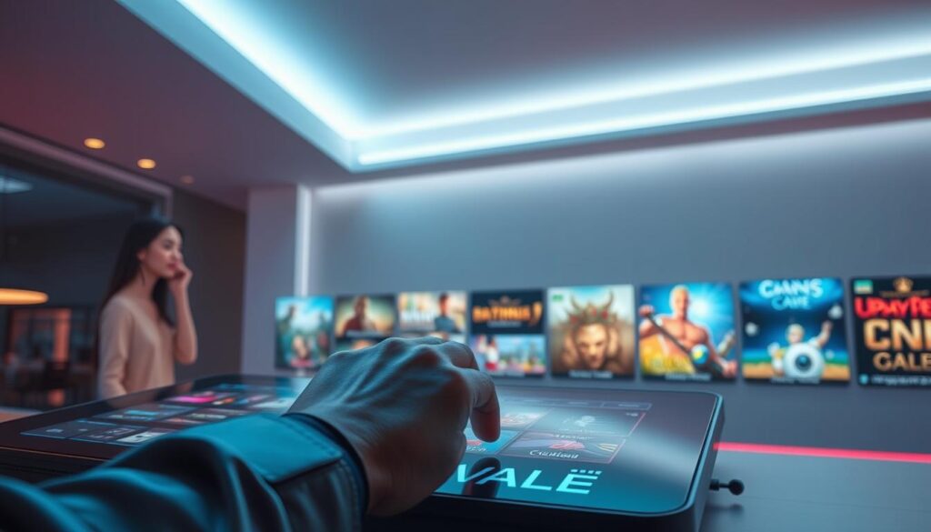 A sleek, modern online gaming platform interface with a minimalist design. In the foreground, a user interacts with a smooth, responsive touchscreen, their fingers effortlessly navigating through various game options. The middle ground showcases a selection of high-quality, visually stunning games with captivating graphics and immersive gameplay. The background features a clean, sophisticated color palette, with subtle lighting that creates a sense of depth and elegance. The overall scene conveys a premium, seamless user experience that caters to the discerning tastes of Taiwan's top online gaming enthusiasts.