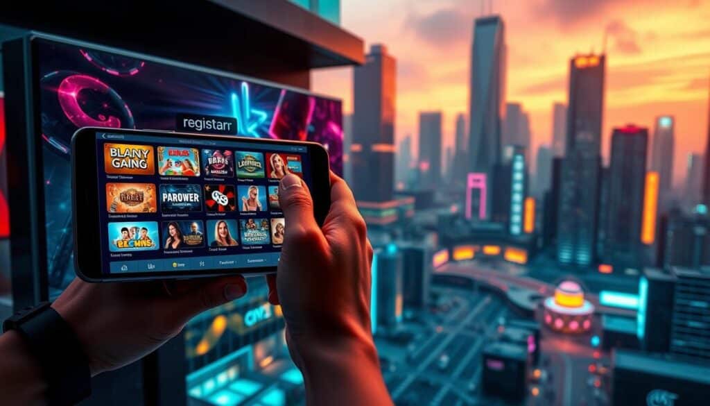 A sleek, modern online gaming platform, its interface showcasing an array of alluring game options. In the foreground, a hand holding a smartphone, the screen displaying a streamlined registration process, inviting users to effortlessly join the thrilling world of casino gaming. The background features a cityscape, its towering skyscrapers and neon lights reflecting the excitement and energy of the bustling entertainment district. Warm, vibrant lighting casts a welcoming glow, while a sense of anticipation and opportunity permeates the scene, enticing players to embark on an exhilarating gaming journey.