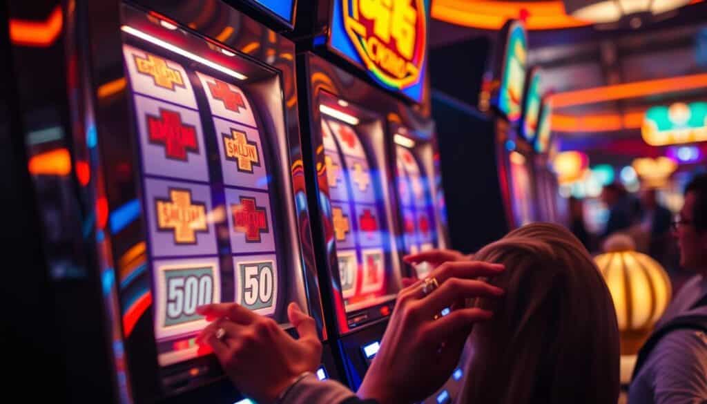 A sleek, modern slot machine illuminated by warm, ambient lighting, its metallic accents gleaming under a dramatic chiaroscuro effect. The reels spin with mesmerizing velocity, the mechanical mechanisms revealed through partially transparent panels. In the foreground, a player's hands gracefully interact with the controls, their expression one of intense focus and anticipation. The background is softly blurred, hinting at the bustling energy of a lively casino floor. The overall mood is one of excitement, technological sophistication, and the thrilling potential of striking it big on the iconic "老虎機".