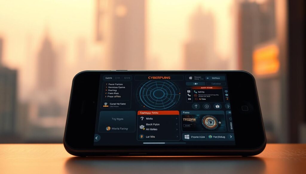 A sleek, modern user interface with a clean, minimalist design. Prominently featured in the foreground is a mobile device or tablet display showcasing a well-organized and intuitive layout of gaming options, controls, and information. The middle ground features an abstract geometric pattern or motif, subtly reinforcing the digital, high-tech atmosphere. The background depicts a softly blurred cityscape or gaming environment, hinting at the wider context and setting of the online entertainment experience. Warm, neutral lighting casts a calm, inviting glow over the scene, creating a polished, professional, and visually appealing user experience.