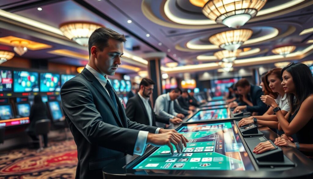 A sleek, modern video entertainment casino showcasing its technological advancements. In the foreground, a dealer in a sharply tailored uniform deftly shuffles cards at a virtual gaming table, the vibrant digital interface reflecting in their crisp, attentive gaze. In the middle ground, patrons lean in, captivated by the seamless integration of live video and dynamic graphics, their expressions a mix of concentration and excitement. The background reveals a panoramic view of the casino's expansive interior, with high ceilings, elegant lighting fixtures, and a sense of refined sophistication pervading the space. The overall atmosphere conveys a fusion of tradition and innovation, where time-honored gaming is elevated by cutting-edge technology to create an immersive, futuristic entertainment experience.