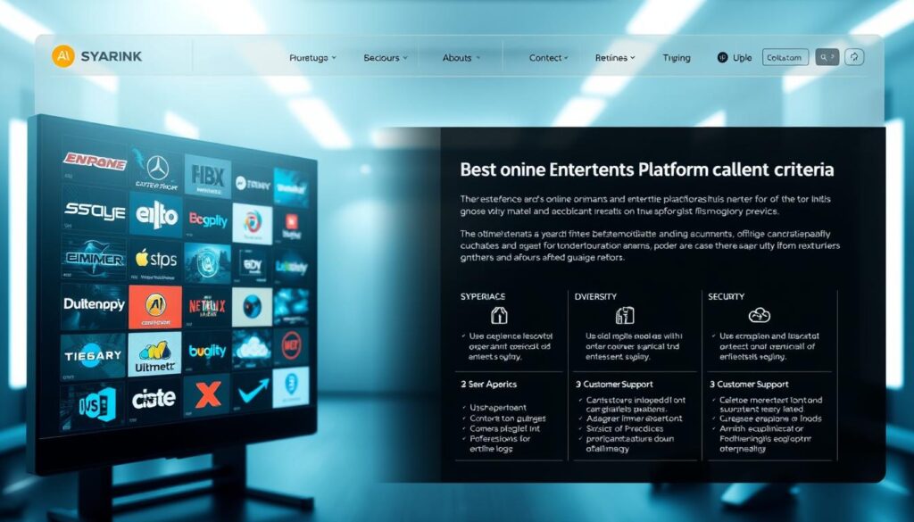 A sleek, modern web interface showcasing various online entertainment platforms, with a prominent section highlighting the selection criteria for the "Best Online Entertainment Platform" award. In the foreground, a grid of platform logos and screenshots, illuminated by soft, directional lighting, inviting the viewer to explore. The middle ground features a clean, minimalist layout with info-graphics and data visualizations outlining the evaluation metrics - user experience, content diversity, security, customer support, and more. The background blurs into a subtle gradient, creating depth and focus on the central elements. The overall mood is one of professionalism, authority, and technological sophistication, reflecting the subject matter.