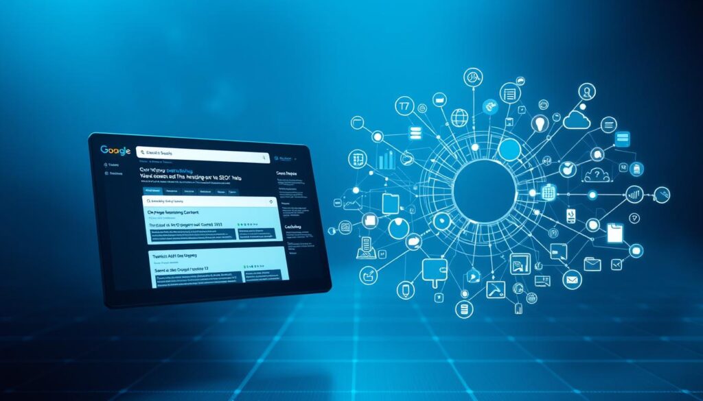 A sleek, modern website interface floats in a digital realm, its elements meticulously arranged to showcase the key factors influencing SEO ranking. In the foreground, a search engine results page displays subtly ranked websites, their positions determined by a cascade of optimized content, technical architecture, and user experience details. In the middle ground, an intricate web of interconnected icons and graphs illustrates the complex interplay of on-page, off-page, and technical SEO elements. The background is a minimalist expanse of blues and grays, evoking the analytical, data-driven nature of successful search engine optimization. Cinematic lighting and a shallow depth of field draw the viewer's eye to the central narrative, emphasizing the strategic importance of these ranking factors in enhancing a website's online visibility.