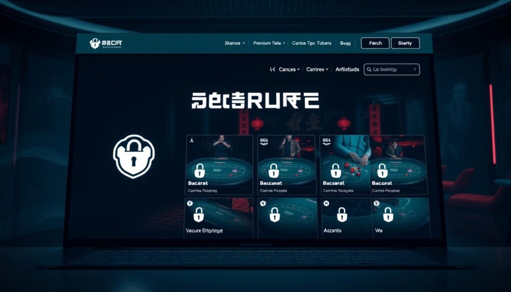 A sleek, modern website interface showcasing a secure online casino environment. In the foreground, a clean, minimalist design with a prominent logo and navigation menu. The middle ground features a game lobby displaying various Baccarat table options, each with a padlock icon denoting their secure nature. The background subtly incorporates subtle Asian-inspired motifs, creating an atmosphere of elegance and trustworthiness. Soft, diffused lighting emphasizes the premium, trustworthy ambiance. The overall composition conveys a sense of safety, reliability, and a premium online gaming experience.