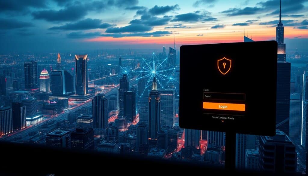 A sleek, modern website interface with a focus on security measures. In the foreground, an elegant login screen with minimalist design elements and subtle dark tones. The middle ground features a dynamic, pulsing visualization of encrypted data flows and network traffic, conveying a sense of sophisticated protection. In the background, a panoramic view of a bustling city skyline, its towering skyscrapers and neon lights suggesting the high-stakes, fast-paced world of online gaming and entertainment. The overall mood is one of technological sophistication, digital security, and the thrill of high-stakes gaming experiences.