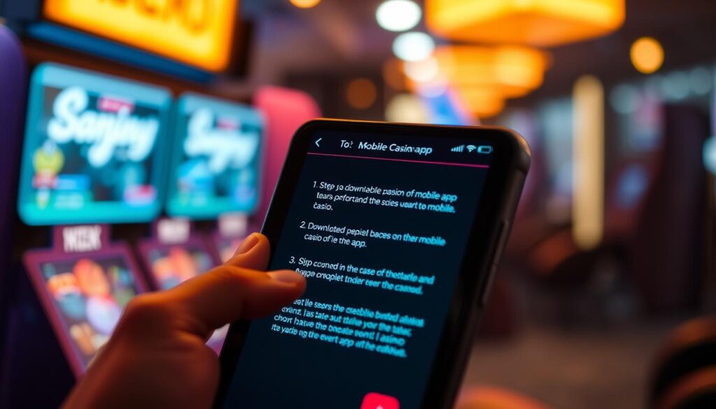 A smartphone screen displaying a step-by-step guide for downloading a mobile casino app. The screen shows clean and intuitive user interface with clear instructions and visual cues. Warm, inviting lighting illuminates the device, evoking a sense of ease and simplicity. The background blurs softly, keeping the focus on the tutorial content. The angle is slightly elevated, creating an approachable, user-friendly perspective. The overall mood is one of accessible guidance, empowering the viewer to confidently navigate the downloading process.