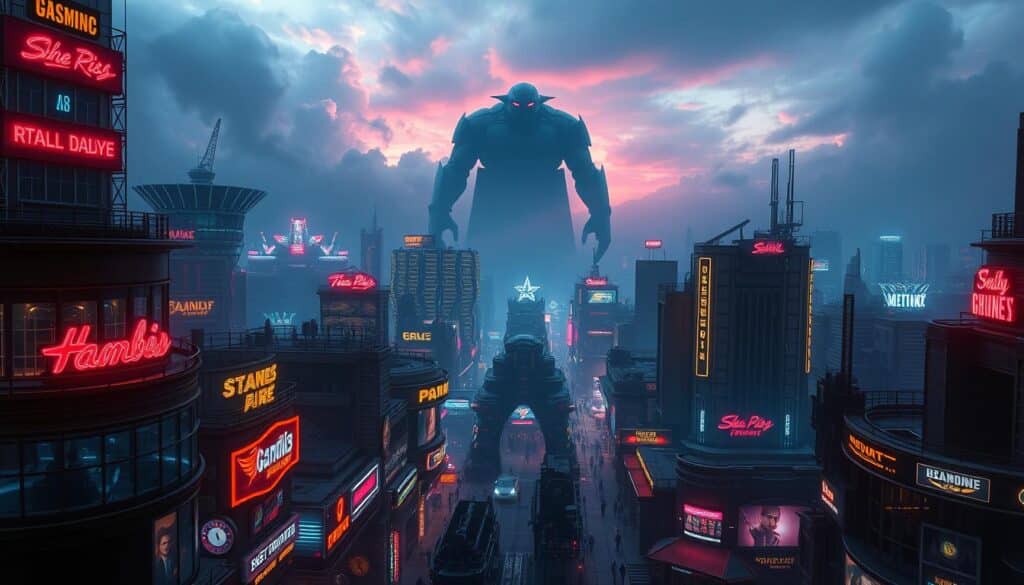 A soaring, futuristic cityscape of high-risk gambling dens and entertainment complexes, set against a backdrop of ominous, neon-tinged skies. In the foreground, towering glass and steel structures with ostentatious signage and garish, flashing lights lure unsuspecting patrons. The middle ground is a maze of bustling streets and alleys, where shady figures lurk in the shadows. In the distance, a looming, ominous presence casts an uneasy shadow over the entire scene, hinting at the dangers and risks that lie within this illicit landscape. Dramatic, cinematic lighting illuminates the city, creating a sense of foreboding and unease. The overall atmosphere is one of excess, temptation, and the ever-present threat of financial ruin.