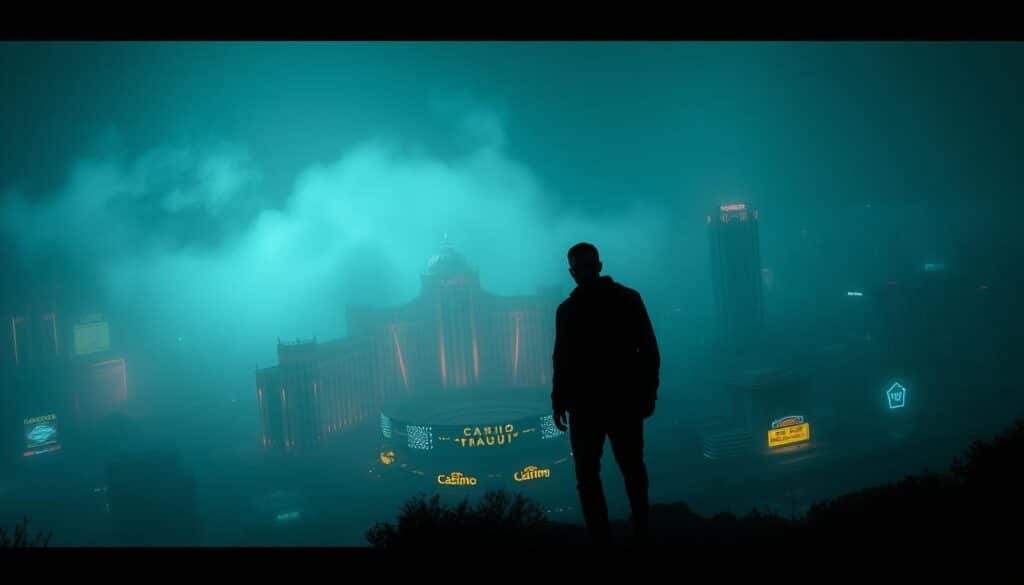 A somber, ethereal scene depicting a "2025 Casino Fraud Blacklist". In the foreground, a shadowy silhouette of a person emerging from a glowing, neon-tinged fog, symbolizing the evasive nature of criminal enterprises. The middle ground features a sprawling casino complex, its opulent facade marred by malicious intent, casting an ominous shadow over the landscape. In the background, a hazy cityscape of skyscrapers and neon signs, a reminder of the urban landscape where these fraudulent activities thrive. The lighting is moody and atmospheric, with a chiaroscuro effect creating a sense of unease and mystery. The overall tone is one of cautionary foreboding, a stark warning against the dangers that lurk within the alluring world of modern entertainment.