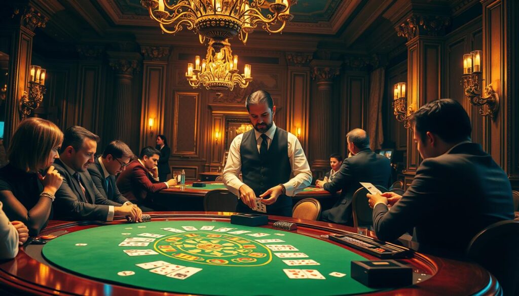 A sophisticated and immersive casino scene showcasing the captivating gameplay of Baccarat. In the foreground, a polished wooden table is draped with a lush green felt surface, surrounded by smartly dressed players intently studying their cards. Warm, golden lighting cascades from ornate chandeliers overhead, casting a inviting glow across the scene. In the middle ground, the dealer, dressed in a crisp white shirt and black vest, expertly shuffles and deals the cards with practiced precision. The background features an elegant, classical casino interior with ornate columns, rich wood paneling, and plush velvet curtains, evoking a sense of refined sophistication. The overall mood is one of excitement, anticipation, and the thrill of high-stakes gameplay.