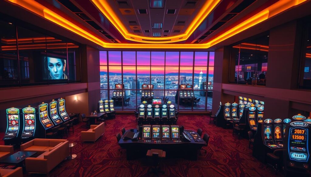 A sophisticated and welcoming online casino, bathed in a warm, inviting ambiance. The foreground showcases a stylish, minimalist lobby with sleek furniture and elegant lighting fixtures. The middle ground features a variety of gaming tables and slots, each with a distinct personality and allure. In the background, a panoramic view of a vibrant cityscape, hinting at the excitement and opportunity that awaits. The overall scene conveys a sense of luxury, exclusivity, and the promise of an unforgettable gaming experience. Captured through the lens of a wide-angle camera, the image evokes a cinematic quality, drawing the viewer into the enticing world of the online casino.