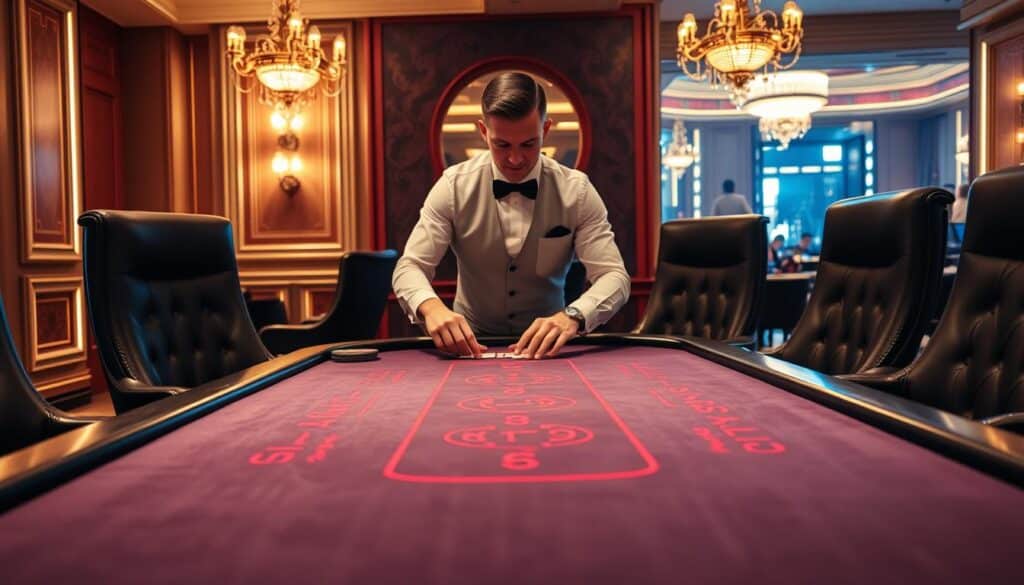 A sophisticated baccarat table set against a warm, inviting casino atmosphere. The felt surface shimmers under soft, ambient lighting, while a dealer in a crisp uniform expertly shuffles and deals the cards. Surrounding the table, high-backed leather chairs invite players to immerse themselves in the game's thrilling dynamics. In the background, glimpses of ornate architectural details and subtle hints of luxury create an air of exclusivity. The overall scene conveys the allure and strategic advantages of the baccarat game, drawing the viewer into the captivating world of casino gaming.