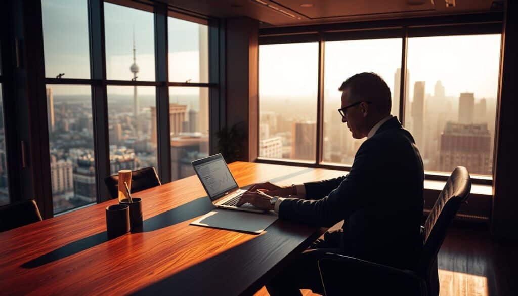 A sophisticated business executive sits at a sleek wooden desk, intently analyzing financial data on a laptop. The office is bathed in warm, directional lighting, casting dramatic shadows. Geometric shapes and monochrome tones evoke a sense of order and precision. In the background, a city skyline visible through large windows hints at the consultant's global reach. The overall atmosphere is one of focused contemplation, with an air of quiet confidence in the face of complex challenges.