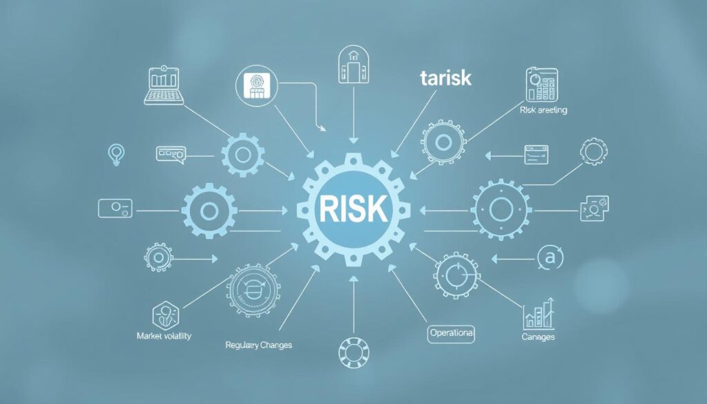 A sophisticated business strategy diagram with a sleek, minimalist design. The foreground features a central risk management icon, surrounded by interconnected gears, cogs, and process flows in neutral tones of gray and blue. The middle ground showcases simplified line art representations of various risk factors, such as market volatility, regulatory changes, and operational challenges, all converging towards the central risk management system. The background is a soft, blurred gradient, creating a sense of depth and emphasis on the risk management concept. The overall composition conveys a sense of control, balance, and strategic oversight, suitable for illustrating the application of risk management strategies in the context of the gambling and gaming industry.