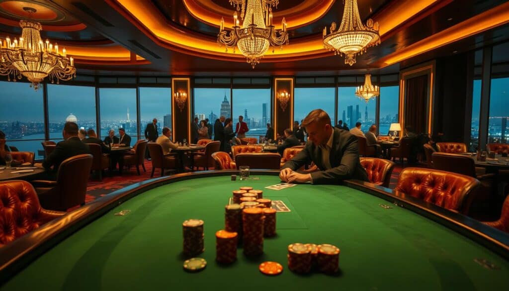 A sophisticated casino interior, dimly lit with warm amber tones. In the foreground, a glass-topped table with a green baize surface, poker chips and cards neatly arranged. Behind it, a player sits deep in contemplation, studying the game with intense focus. In the middle ground, other patrons gathered around similar tables, engaged in lively discussions. The background reveals a luxurious lounge, complete with rich leather chairs, crystal chandeliers, and floor-to-ceiling windows offering a panoramic view of the city skyline. The entire scene exudes an air of strategic elegance, perfectly capturing the essence of a high-stakes casino gaming experience.