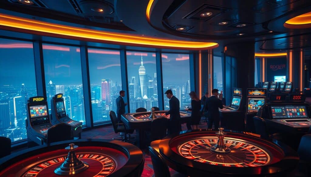 A sophisticated casino interior with a focus on online gambling. Dimly lit with a warm, luxurious ambiance. In the foreground, a high-stakes roulette table with a dealer and several players intensely engaged. The middle ground features sleek, modern electronic gaming stations. The background showcases a panoramic view of a bustling city skyline through large windows, suggesting an urban, cosmopolitan setting. Subtle lighting highlights the drama of the scene, creating a sense of excitement and anticipation. The overall composition conveys the thrill and strategy of online gambling, inviting the viewer to immerse themselves in the experience.