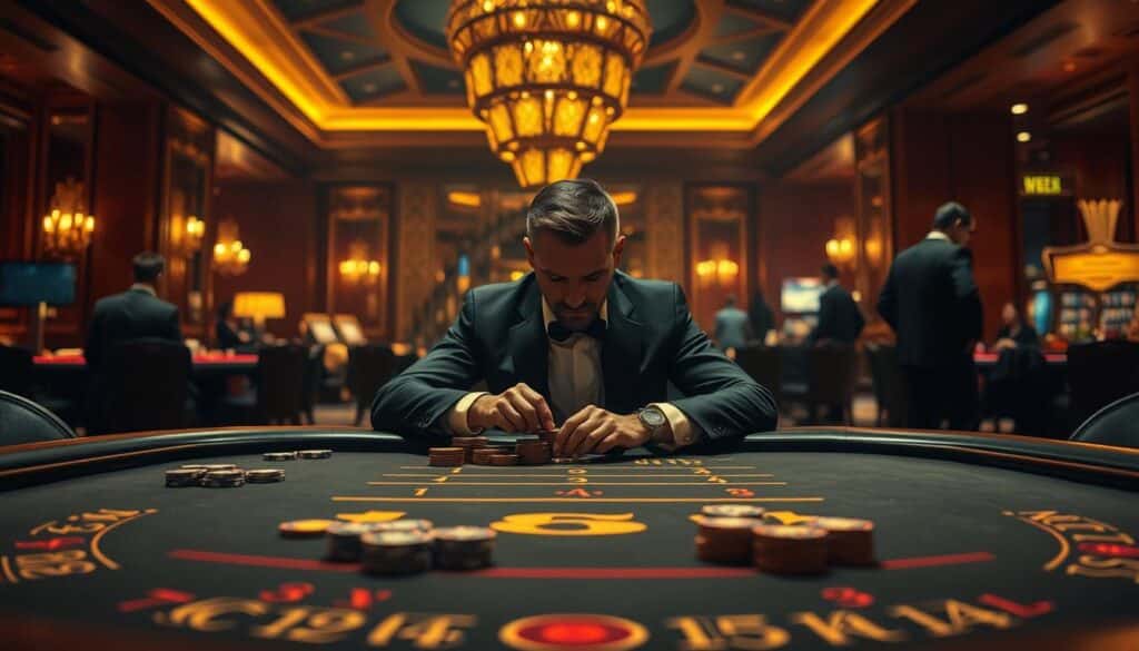 A sophisticated casino setting, dimly lit with warm amber hues, showcasing a well-manicured baccarat table at the center. In the foreground, a skilled player sits intently, meticulously calculating the odds and strategizing their next move. The table is adorned with high-denomination chips, reflecting the focused intensity of the game. Behind the player, the background reveals the grandeur of the casino, with opulent decor and subtle movements of other patrons, creating a sense of elevated elegance and financial mastery. Soft, directional lighting casts dramatic shadows, heightening the atmospheric tension of the scene. The overall composition conveys the essence of a well-executed capital management strategy in the thrilling world of baccarat.