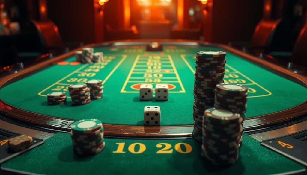 A sophisticated casino table set against a dimly lit background, the green felt surface reflecting the warm glow of overhead lighting. Stacks of casino chips in denominations of 100, 500, and 1000 are meticulously arranged, hinting at the strategic depth of the "Martingale" betting system. The table's edges are trimmed in polished wood, exuding an air of exclusivity. In the center, a pair of dice rest, their outcome holding the key to potential winnings or losses. The atmosphere is one of tense anticipation, as the player contemplates their next move, seeking to maximize their returns through calculated risks.