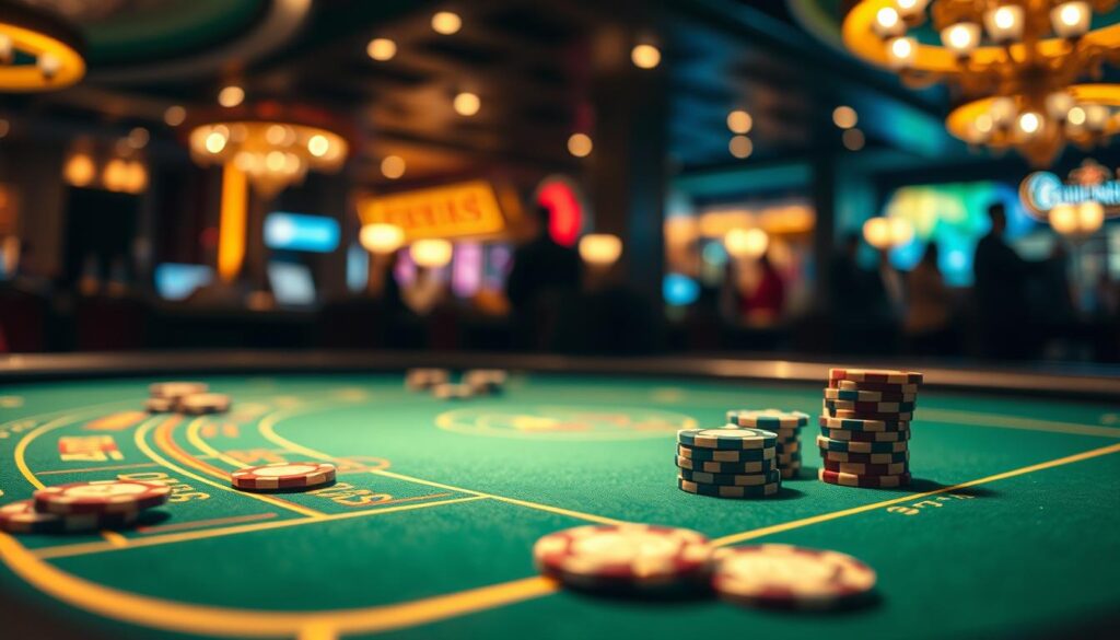 A sophisticated closeup of a baccarat game table, illuminated by warm, soft lighting that creates a captivating ambiance. The green felt surface is adorned with delicate gold trim, creating a sense of elegance. On the table, carefully positioned casino chips in various denominations are arranged in an orderly manner, hinting at the strategic nature of the game. In the background, a blurred view of the casino atmosphere sets the scene, with subtle hints of the surrounding activity. The overall composition emphasizes the depth of analysis and mastery required to excel at the nuanced techniques of baccarat.