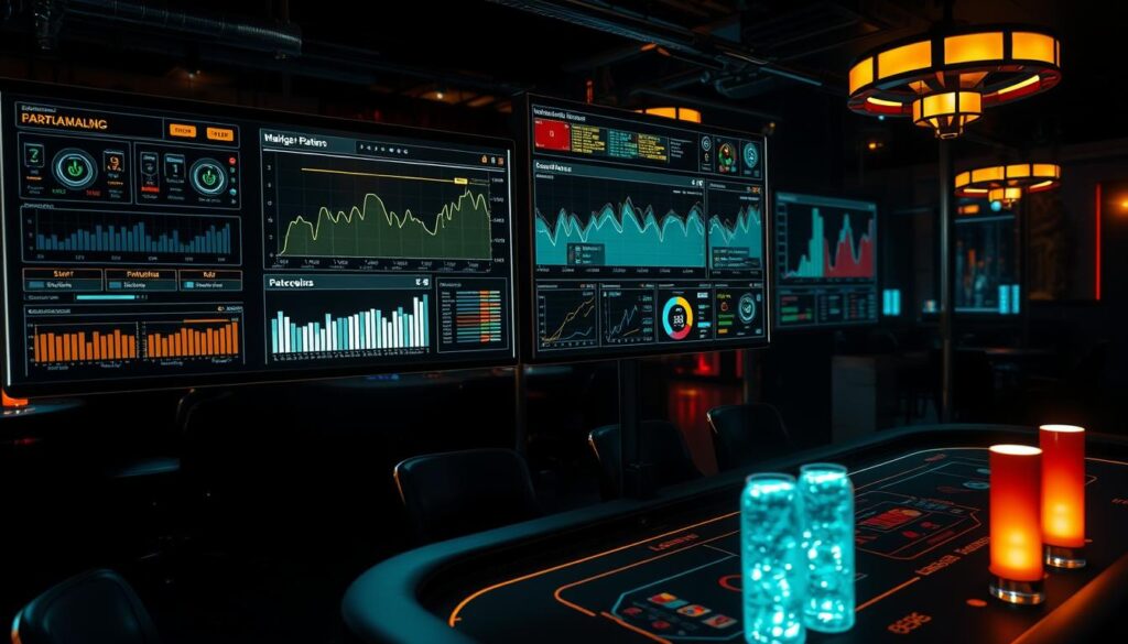 A sophisticated data visualization dashboard hovers over a dimly lit casino table, illuminating the intricate patterns and statistics of a high-stakes game. Sleek, modern interfaces display live charts, graphs, and analytics, reflecting the real-time performance and behavior of players. Soft, moody lighting casts dramatic shadows, creating an atmosphere of intense focus and strategic decision-making. The scene conveys the fusion of technology and the thrill of casino gaming, highlighting the growing importance of data analysis in shaping the future of the entertainment industry.