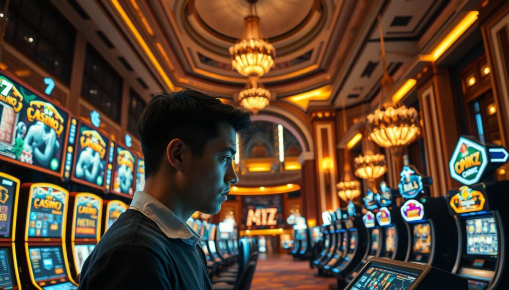 A sophisticated gaming strategy unfolds in a sleek, modern casino setting. The foreground depicts a player intently studying a display, their face illuminated by the glow of digital screens. The middle ground showcases a variety of casino games, each with its own unique allure and potential for strategic play. In the background, the grand architecture of the casino creates an atmosphere of elegance and excitement, with high ceilings, ornate fixtures, and the subtle hum of activity. Warm lighting casts a inviting glow, drawing the viewer into this immersive world of gaming strategy and potential rewards. The overall mood is one of focus, anticipation, and the thrill of outsmarting the odds.