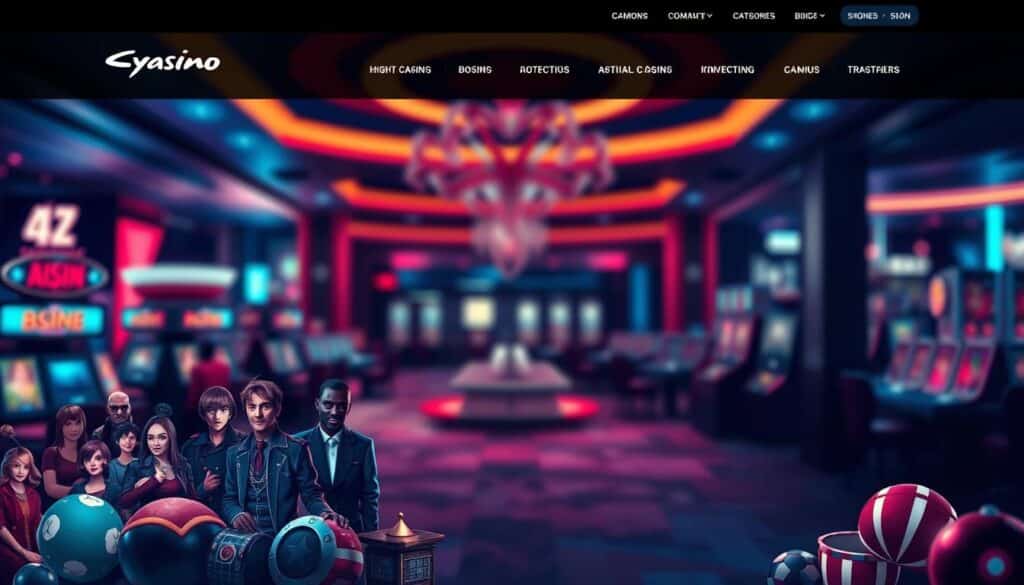 A sophisticated, high-contrast online casino website interface, featuring a sleek and modern design. In the foreground, various gaming icons and avatars are arranged in a visually appealing layout, subtly hinting at the diverse gaming options available. The middle ground showcases a clean, minimalist navigation menu with distinct categories and options. In the background, a blurred image of a casino interior or cityscape creates a sense of atmosphere and immersion. The overall tone is one of elegance, professionalism, and trustworthiness, reflecting the reputation and quality of the online gambling platform.