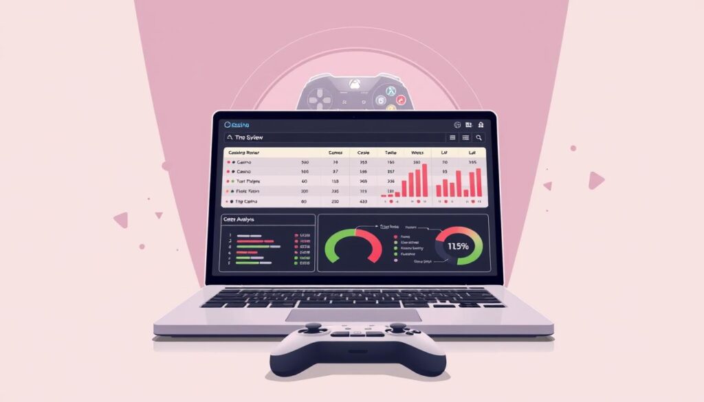 A sophisticated, minimalist illustration showcasing an online casino review report. In the foreground, a sleek laptop display presenting a detailed analysis of various casino platforms, with clean typography and data visualizations. The middle ground features a stylized gaming controller, symbolizing the interactive nature of online gaming. In the background, a soft, muted color palette evokes a sense of professionalism and authority, with subtle geometric patterns adding depth and texture. Subtle lighting creates a sense of depth and emphasis on the central elements. The overall composition strikes a balance between informative clarity and visually engaging design, befitting a expert-level evaluation of the online casino landscape.