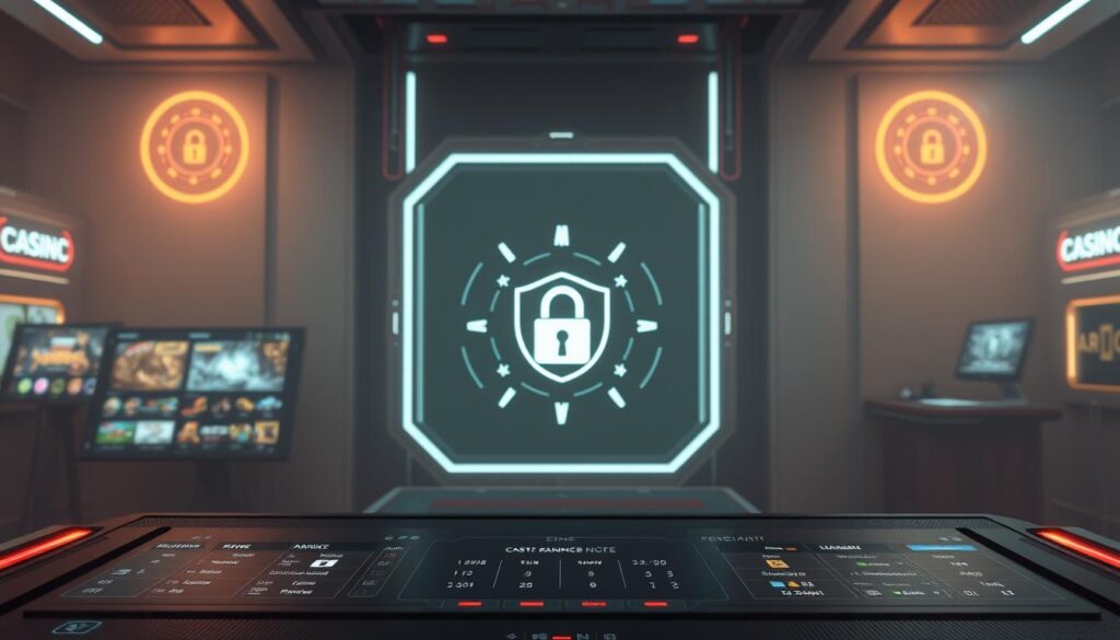 A sophisticated online casino gaming environment with a focus on player safety. In the foreground, a serene, minimalist interface showcases neatly organized game options. The middle ground features state-of-the-art security measures, including biometric authentication and tamper-evident seals. In the background, a warm, soft-lit ambiance creates a sense of trust and tranquility. High-resolution textures, muted color tones, and a clean, uncluttered layout convey a professional, trustworthy atmosphere. Subtle lighting accents highlight key security features, while a cohesive visual design reinforces the idea of a secure, well-designed online gaming experience.