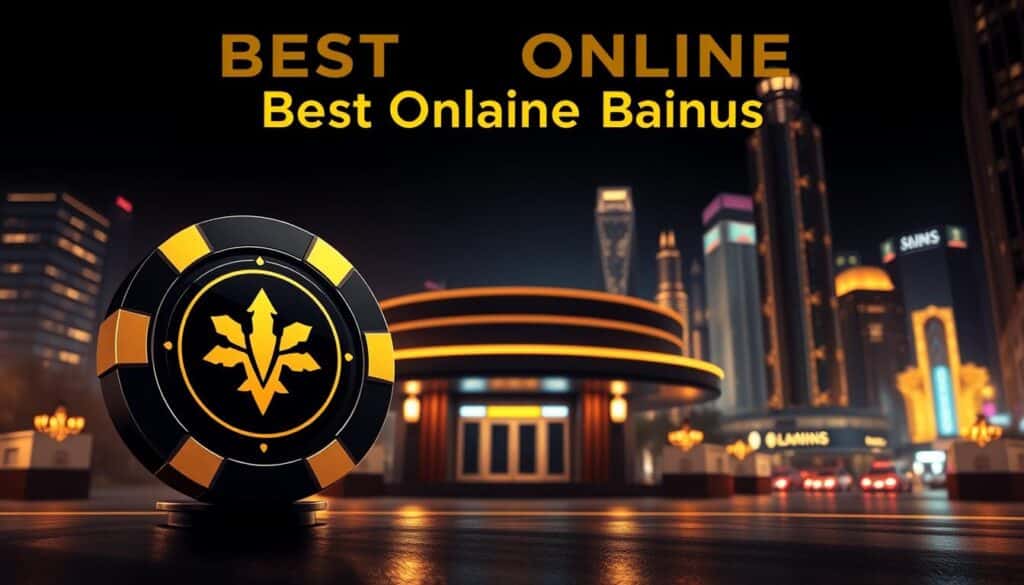 A sophisticated online casino logo design showcasing a luxurious gold and black color scheme. The foreground features a stylized casino chip with a radiant golden emblem, conveying a sense of prestige and high-stakes gambling. The middle ground presents a sleek, minimalist casino facade with highlighted entryways, evoking an exclusive and elegant atmosphere. The background depicts a dimly lit cityscape at night, with glimmering skyscrapers and neon lights, creating a glamorous and thrilling urban setting. The lighting is dramatic, casting warm, golden tones and sharp shadows to heighten the sense of sophistication. The overall composition is balanced and visually striking, capturing the essence of the "Best Online Casino Bonus" theme.