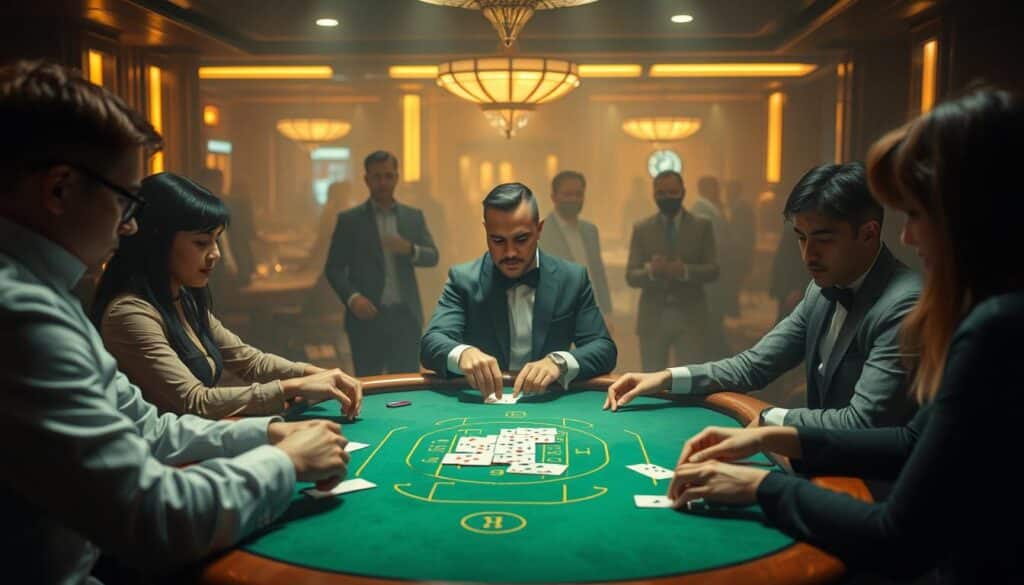 A sophisticated online casino scene, featuring a dimly lit table with a croupier dealing cards, surrounded by players intently focused on their hands. The table is adorned with elegant green felt and polished wooden details, creating an atmosphere of sophistication and high-stakes excitement. Soft, warm lighting illuminates the scene, casting dramatic shadows and highlighting the players' expressions of concentration and anticipation. The background is hazy, suggesting the bustling energy of the casino floor, but the main focus remains on the central gaming table and the participants' strategies unfolding in real-time. The overall tone is one of strategic decision-making, risk-taking, and the thrill of potential winnings.