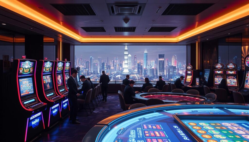 A sophisticated online casino scene in Taiwan, with a sleek and modern interior design. The foreground features an array of digital gaming terminals and slot machines, their vibrant displays casting a mesmerizing glow across the dimly lit space. In the middle ground, well-dressed patrons engage in various table games, their expressions intense as they strategize their next moves. The background showcases a panoramic view of the Taipei skyline, the city's iconic skyscrapers and neon lights creating a captivating urban backdrop. Soft, directional lighting illuminates the scene, casting dramatic shadows and highlights that evoke a thrilling, high-stakes atmosphere. The overall composition exudes a sense of sophistication, excitement, and the allure of Taiwan's premier online gambling experience.