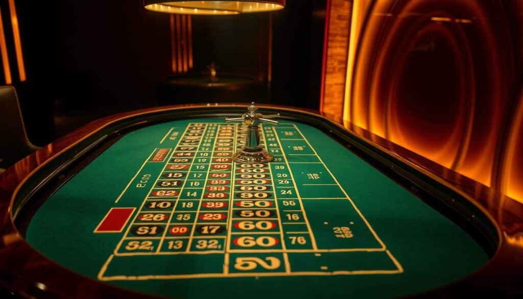 A sophisticated roulette table against a dimly lit backdrop, illuminated by warm, golden lighting. The table's green felt surface is precisely marked with the intricate 'Martingale' betting system, each section delineated by elegant lines. Surrounding the table, a sense of hushed anticipation pervades the scene, as if the very air anticipates the next spin of the wheel. The table's polished wooden edges gleam, reflecting the subtle movements of the croupier's hands as they prepare to launch the ball. The overall atmosphere evokes a sense of high-stakes strategy and calculated risk-taking, perfectly capturing the essence of the 'Martingale' betting technique.