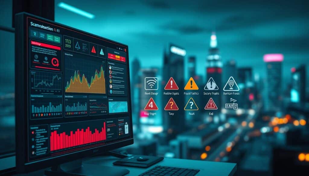 A sophisticated scam detection platform displaying intricate warning signs and fraud detection indicators. A sleek, minimalist user interface dominates the foreground, with a mix of colorful graphs, charts, and security notifications. In the middle ground, a series of warning symbols and icons representing common fraud tactics. The background features a blurred, abstract cityscape, hinting at the broader online landscape where these scams operate. The overall mood is one of vigilance and technological prowess, conveying the ability to identify and mitigate emerging fraudulent activities.