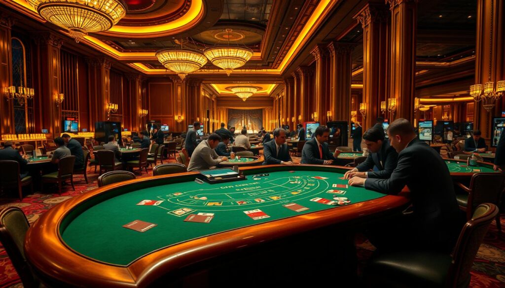 A spacious casino interior, dimly lit with warm, golden lighting. In the foreground, a green baize-covered baccarat table, its curved edges and ornate wooden trim evoking timeless elegance. Around the table, players focused intently, their expressions a blend of concentration and excitement as they strategize their bets. The middle ground reveals the broader scene - other tables, dealers, and patrons moving with a sense of hushed anticipation, creating an atmosphere of calculated risk. In the background, opulent furnishings, plush carpets, and towering columns suggest an environment designed to inspire confidence and heighten the thrill of the game. Throughout, a keen awareness of the need for robust risk management to ensure the safety and security of all involved.
