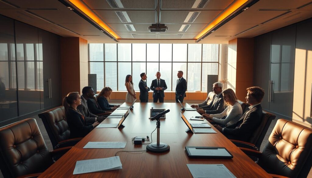 A spacious conference room with floor-to-ceiling windows, bathed in warm, natural lighting. In the foreground, a long wooden table is surrounded by plush leather chairs, creating an inviting and professional atmosphere. On the table, various documents, tablets, and a compact microphone setup suggest an ongoing business meeting or presentation. In the middle ground, a group of well-dressed individuals are engaged in a lively discussion, their expressions and body language conveying a sense of collaboration and problem-solving. The background features a sleek, modern interior design with minimalist decor, complementing the overall sophisticated and successful ambiance.