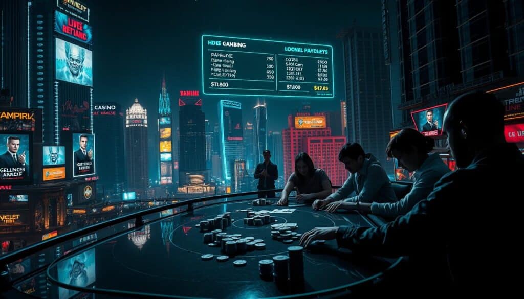 A sprawling casino cityscape at night, with neon-lit skyscrapers and illuminated billboards advertising online gambling. In the foreground, a group of people engrossed in a high-stakes poker game, chips and cards scattered across a sleek glass table. Dramatic chiaroscuro lighting casts deep shadows, creating a sense of tension and risk. Overhead, a holographic display shows rapidly fluctuating odds and payouts, heightening the thrill and peril of the game. In the background, a distant silhouette of a young person glued to a smartphone, a reminder of the ubiquity and accessibility of digital betting. The overall mood is one of allure, excitement, and the ever-present danger of addiction.