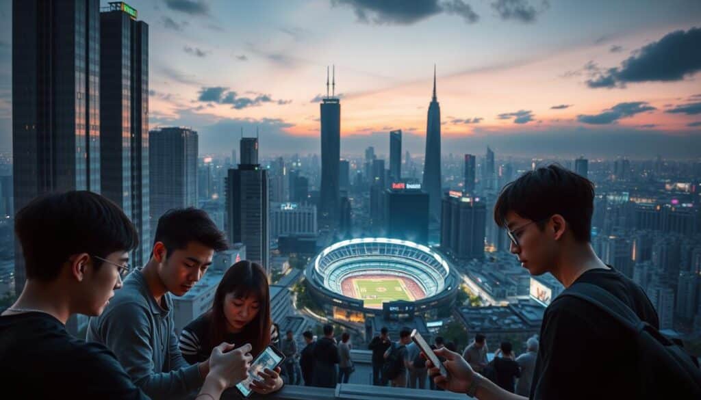 A sprawling cityscape at dusk, the towering skyscrapers of Taipei casting long shadows across the bustling streets below. In the foreground, a group of young adults engrossed in a lively game of strategy, their faces illuminated by the glow of smartphone screens. In the middle ground, a sports stadium comes into view, the roar of the crowd and the flashing lights hinting at the excitement of a high-stakes sporting event. The background is dominated by the iconic silhouettes of Taipei 101 and other landmarks, the city's vibrant nightlife pulsing with energy. The scene conveys a sense of the diverse gaming and entertainment preferences of Taiwanese players, from cerebral strategy games to the thrill of sports betting.