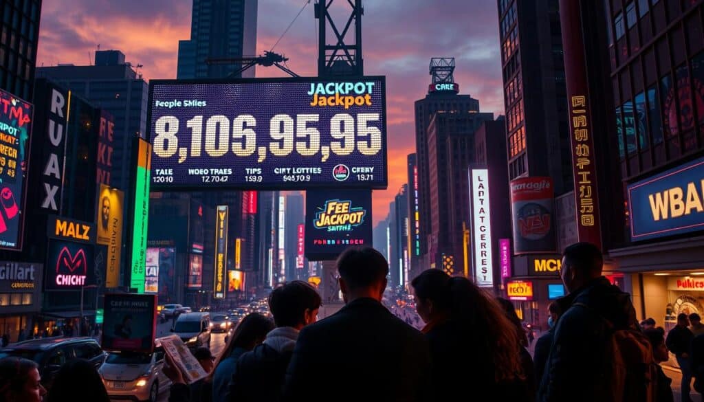 A sprawling cityscape at dusk, with neon lights casting a warm glow across the bustling streets. In the center, a massive electronic billboard displays a jackpot amount for a popular lottery game, its digits flickering with hypnotic allure. In the foreground, a group of people huddle excitedly, examining a stack of lottery tickets, their faces illuminated by the screen's shifting light. The scene exudes a sense of anticipation and the thrill of chasing the elusive dream of striking it rich. Dramatic shadows and highlights create a cinematic atmosphere, heightening the drama of the lottery's promise of life-changing wealth.