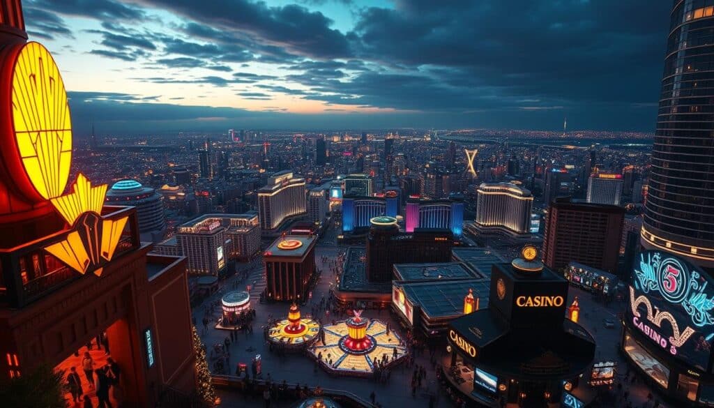A sprawling cityscape at dusk, with skyscrapers and neon-lit high-rises casting a vibrant glow across the skyline. In the foreground, a bustling casino entrance, its grand architecture and flashing lights beckoning guests. People stream in and out, their faces alight with excitement. The middle ground reveals a pulsing metropolis, where the lights of hotels, restaurants, and entertainment venues create a dazzling panorama. In the background, a sweeping view of the city, its buildings merging into the horizon, symbolizing the expansive global reach of the online gambling industry. Warm, diffused lighting illuminates the scene, evoking a sense of energy and opportunity.