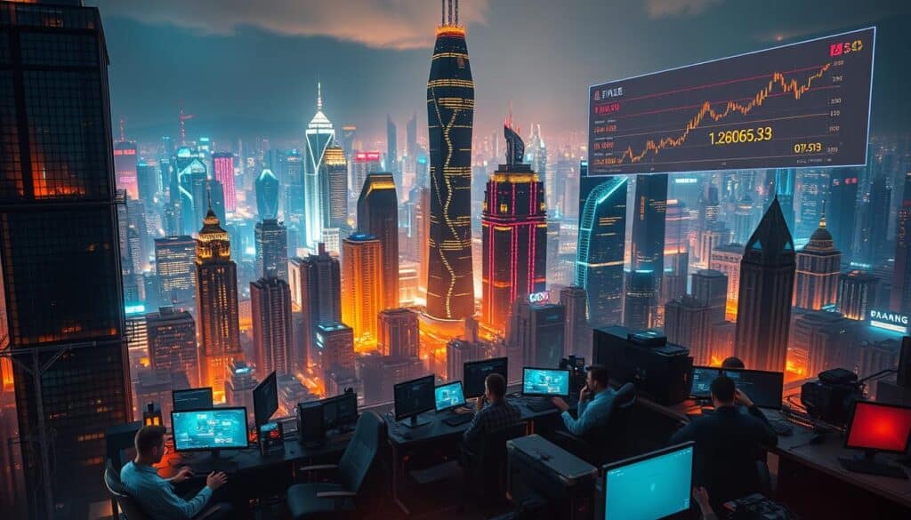 A sprawling cityscape, its skyscrapers and neon lights reflecting the dynamic growth of Taiwan's gaming industry. In the foreground, a cluster of game developers, programmers, and designers collaborating on the latest innovative titles. The scene is illuminated by a soft, warm glow, casting an aura of productivity and technological advancement. In the background, a stock exchange board displays the rising value of gaming companies, symbolizing the significant economic impact of this burgeoning sector. The composition conveys the synergy between creativity, technology, and financial success that has propelled Taiwan's digital gaming ecosystem to new heights.