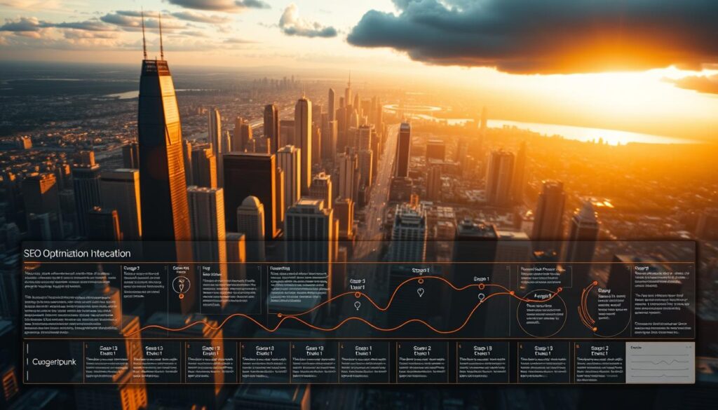 A sprawling cityscape unfolds, its towering skyscrapers and bustling streets bathed in warm, golden light. In the foreground, a meticulously designed infographic lays out the intricate SEO optimization process, its steps and strategies presented in a clear, visually engaging manner. The background features a serene, scenic landscape, suggesting the harmonious balance between technology and nature that successful SEO can bring. Soft shadows and a depth of field create a sense of depth and dimension, while the overall composition conveys a sense of order, efficiency, and the power of strategic digital optimization.