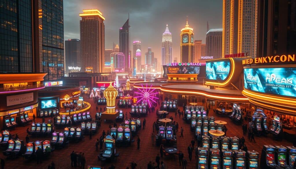 A sprawling entertainment complex set against a backdrop of glittering skyscrapers. In the foreground, a bustling casino floor filled with rows of slot machines and gaming tables, where patrons engage in thrilling gameplay. The middle ground showcases lavish lounges, restaurants, and entertainment venues that cater to the diverse needs of the casino's clientele. Overhead, a dazzling array of neon lights and digital signage create an electrifying atmosphere. The scene is bathed in a warm, golden glow, reflecting the allure and excitement of the casino's operational model. The composition emphasizes the scale, variety, and integration of the various elements that contribute to the casino's holistic entertainment experience.