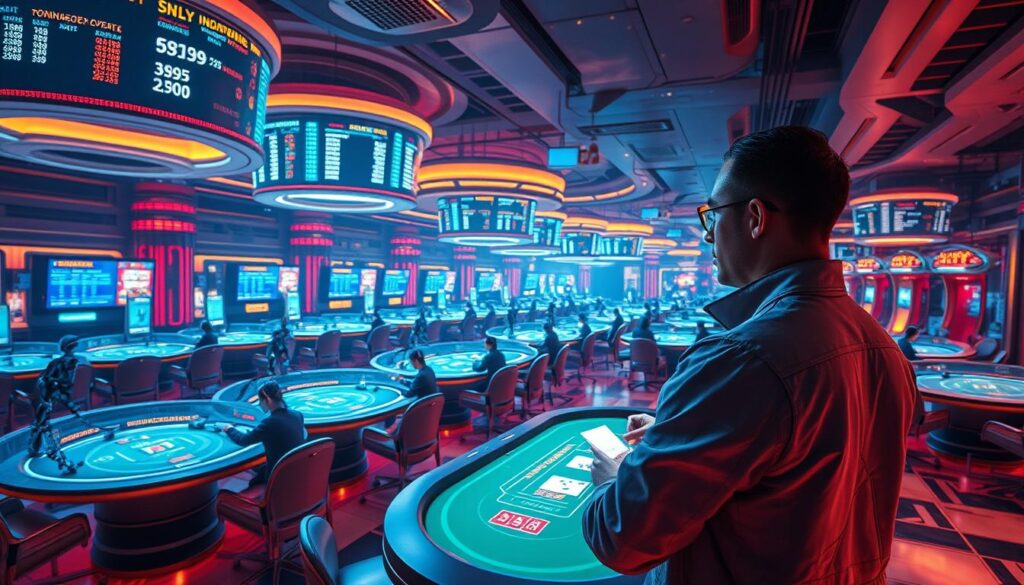 A sprawling futuristic casino, its tables and floors bathed in a warm, neon glow. Overhead, holographic displays showcase real-time betting odds and game statistics, while sleek, robotic croupiers flawlessly deal cards and manage the tables. In the background, advanced algorithms analyze player behavior, adjusting table limits and bonuses to optimize the house edge. In the foreground, a high-roller carefully studies the digital readouts, accessing a suite of AI-powered betting tools to gain an edge over the casino's technological innovations. The scene conveys a sense of technological immersion, where cutting-edge advancements have transformed the traditional landscape of baccarat gameplay.