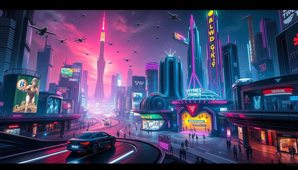 A sprawling futuristic entertainment metropolis, neon-lit skyscrapers and holograms dancing in the night sky. In the foreground, a sleek autonomous vehicle glides along a gleaming hovering road, while floating advertising displays and drone swarms dart through the air above. The middle ground features bustling walkways and plazas, with towering glass-and-steel structures housing the latest innovations in gaming, virtual reality, and immersive experiences. In the distance, a towering central spire of the entertainment complex rises majestically, its pinnacle illuminated by multicolored lights that change and pulse, reflecting the endless possibilities of the future of leisure and recreation.