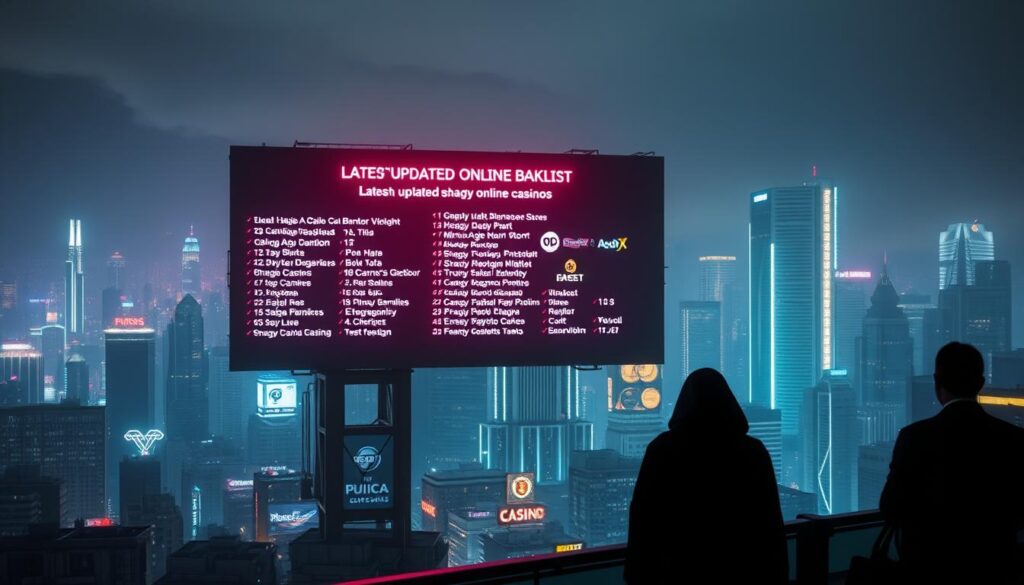 A sprawling metropolis at night, neon-drenched skyline casting an ominous glow. In the foreground, a massive digital billboard displays the latest updated blacklist of shady online casinos, their names and logos flickering ominously. Shadowy figures lurk in the background, hinting at the unseen dangers that lurk within the underbelly of the entertainment industry. The scene is bathed in a moody, cyberpunk-inspired lighting, creating a sense of unease and foreboding. Sleek, modern architecture and bustling crowds add to the sense of an ever-evolving, high-stakes world of digital entertainment.
