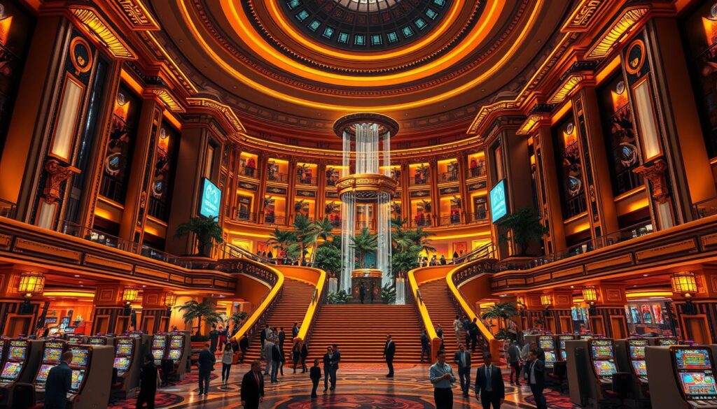 A sprawling, modern casino complex with a grand, ornate façade bathed in warm, golden light. The main entrance is flanked by towering, ornamental pillars and a grand, sweeping staircase leading up to the main lobby. Elegant, Asian-inspired architectural details adorn the building, blending traditional and contemporary styles. The interior is luxurious, with a high, domed ceiling and a central atrium filled with cascading water features and lush foliage. Smartly dressed guests mingle in the lobby, while the sound of slot machines and lively chatter emanates from the gaming floor beyond.