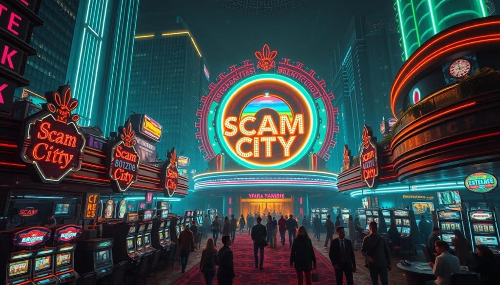 A sprawling, neon-lit casino complex set against a backdrop of gleaming skyscrapers. The entrance is adorned with gaudy, oversized signage featuring the notorious "Scam City" logo, beckoning unsuspecting gamblers. Inside, the air is thick with the din of slot machines and the alluring chimes of roulette wheels. Garish, oversaturated lighting casts an eerie, predatory glow, while shadows conceal the machinations of shady operators. Across the bustling gaming floor, disoriented patrons wander aimlessly, their expressions a mix of excitement and unease. This is the world of the "Scam City" casino, a carefully crafted illusion of wealth and excitement, hiding a sinister underbelly of fraud and deception.