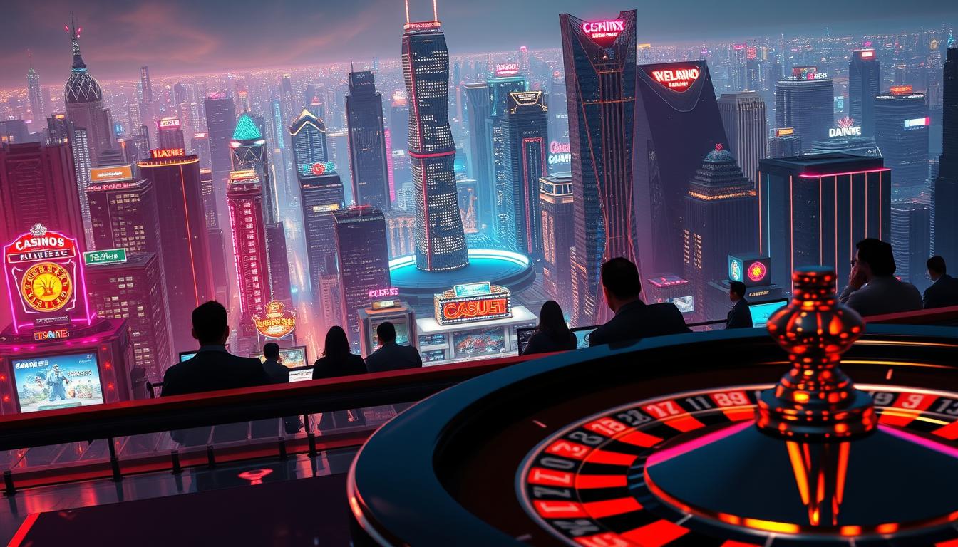 A sprawling online casino city emerges, its neon lights and glittering facades reflecting the allure of digital entertainment. In the foreground, a roulette wheel spins, its metallic gleam capturing the excitement of high-stakes gaming. Towering skyscrapers of glass and steel rise in the middle ground, housing a multitude of virtual casinos, each offering a unique gaming experience. The background is a panoramic view of the cityscape, where the silhouettes of players immerse themselves in the thrill of online gambling, their faces illuminated by the glow of screens. The scene conveys the rapid growth and ubiquity of the online entertainment industry, hinting at the evolving trends and technologies that are transforming the way people engage with gaming and leisure.
