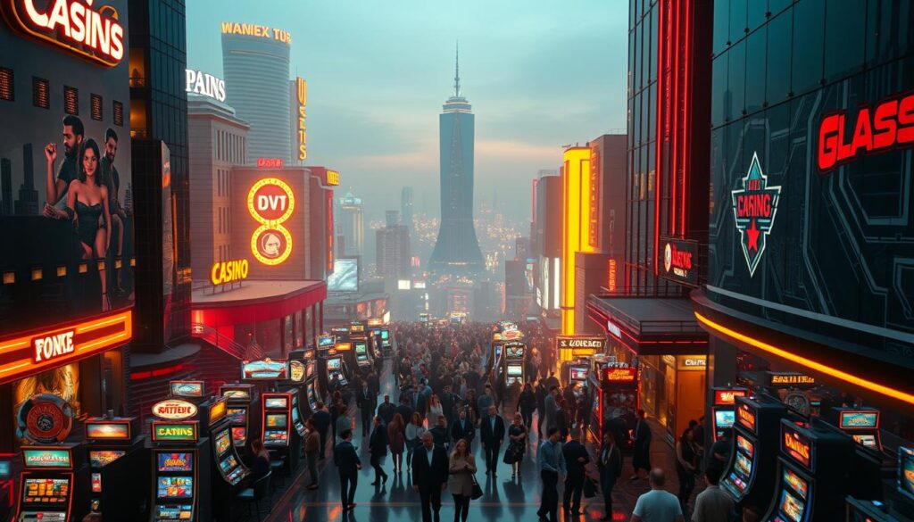 A sprawling online casino in a modern, sleek metropolis. Gleaming high-rise buildings and neon lights fill the foreground, reflected in the glossy surfaces. In the middle ground, crowds of well-dressed patrons stroll through the bustling streets, drawn to the promise of thrilling games and big payouts. The background is a hazy, dreamlike skyline, hinting at the allure and excitement that awaits those seeking the ultimate entertainment experience. Warm, inviting lighting casts a cinematic glow over the entire scene, creating a sense of anticipation and possibility. Crisp, high-resolution photography captures every dazzling detail, from the gleaming slot machines to the chic, modern design.