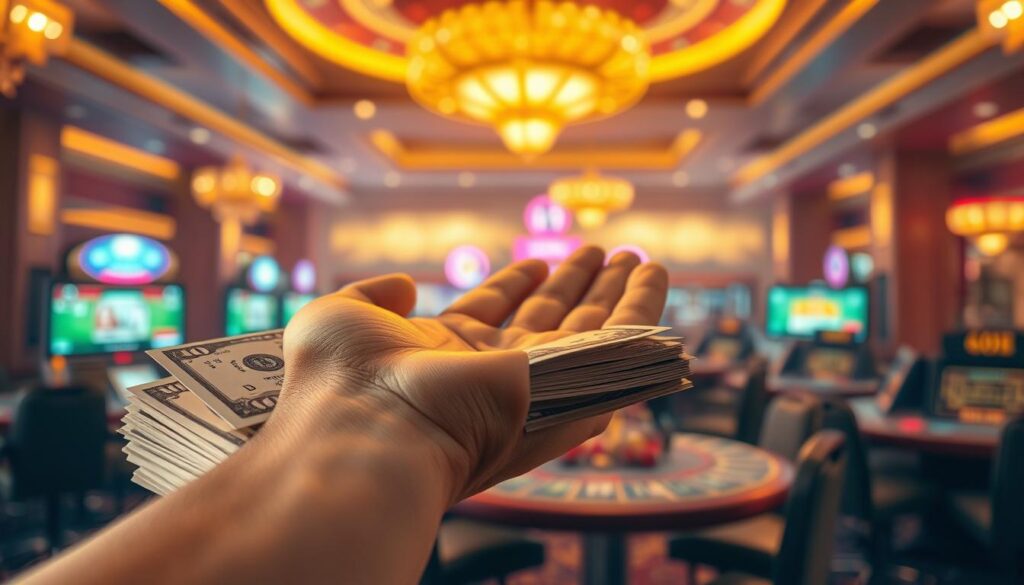A stack of crisp, freshly minted bills in the foreground, casting a warm, golden glow under soft studio lighting. In the middle ground, a hand reaches out, palm open, inviting the viewer to claim the cash reward. The background fades into a blurred, elegant casino setting, hinting at the thrilling world of online gaming. The composition conveys a sense of opportunity, anticipation, and the allure of financial success, perfectly capturing the essence of "獲得現金獎勵的途徑".